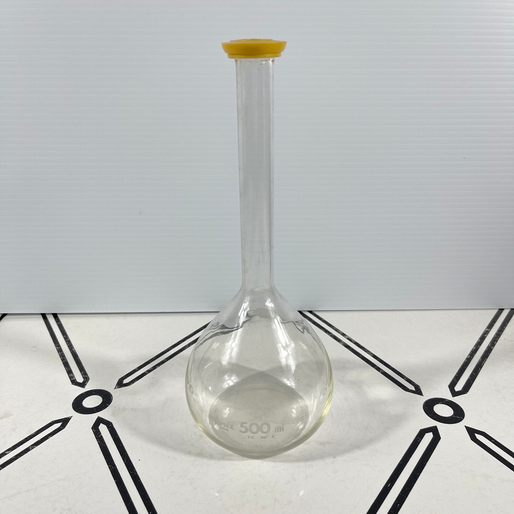 Kimax USA 500ml Volumetric Flask Clear Glass Labware with Yellow Stopper TC 20C